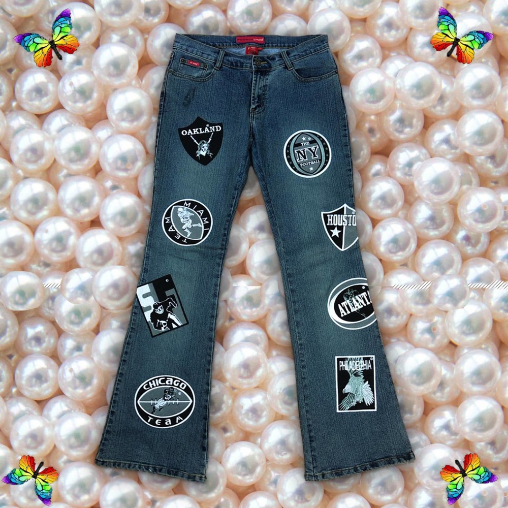 LeMore Y2k Sports Patchwork Flare Jeans Sz 9